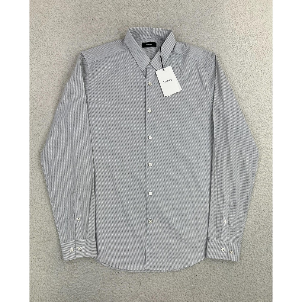 Theory Dress Shirt Mens Small White Twill Print Zack Regular Fit Stretch LS NEW